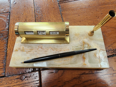 Parket fountain pen on marble stand with vintage desk perpetual calendar - thehouseholdcollective