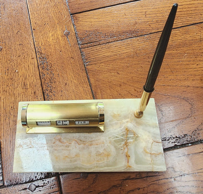 Parket fountain pen on marble stand with vintage desk perpetual calendar - thehouseholdcollective